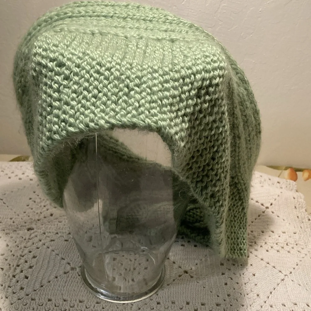 Soft green scarf / head cover hand knit with big buttons